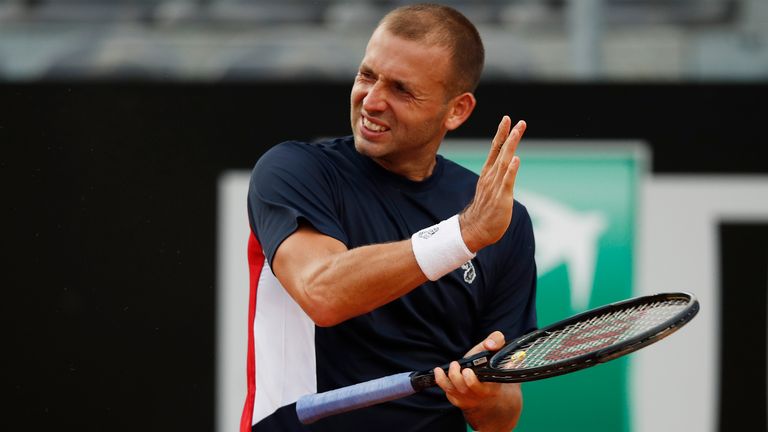 Dan Evans of Great Britain reacts in his round one match against Hubert Hurkacz of Poland during day one of the Internazionali BNL D'Italia at Foro Italico on September 14, 2020 in Rome, Italy.
