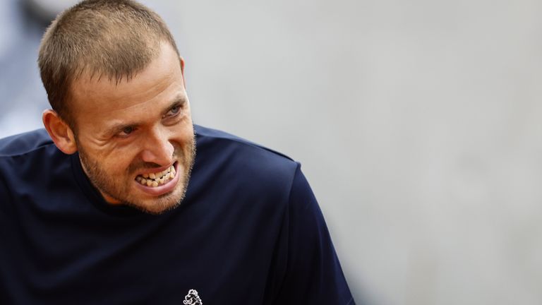 Britain's Dan Evans reacts during his men's singles first round tennis match against Japan's Kei Nishikori on Day 1 of The Roland Garros 2020 French Open tennis tournament in Paris on September 27, 2020