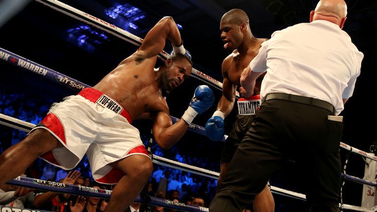 LEICESTER, ENGLAND - APRIL 22:  The referee steps in to stop the fight between Daniel Dubois (C) and Blaise Mendouo in their Heavyweight fight at the Leicester Arena on April 22, 2017 in Leicester, England. (Photo by Nigel Roddis/Getty Images)       