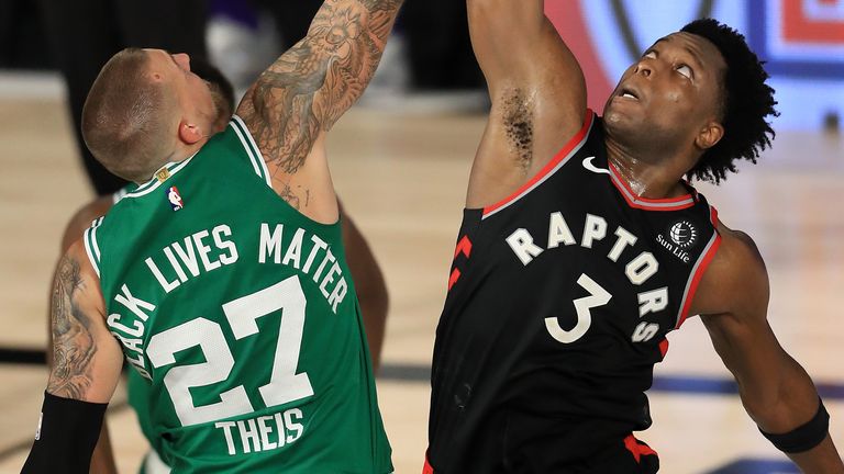 OG Anunoby outleaps Daniel Theis at a jump-ball during the Raptors' Game 6 victory