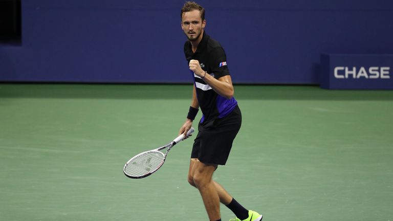 Daniil Medvedev of Russia celebrates a point during his Men’s Singles fourth round match against Frances Tiafoe of the United States on Day Eight of the 2020 US Open at the USTA Billie Jean King National Tennis Center on September 7, 2020 in the Queens borough of New York City