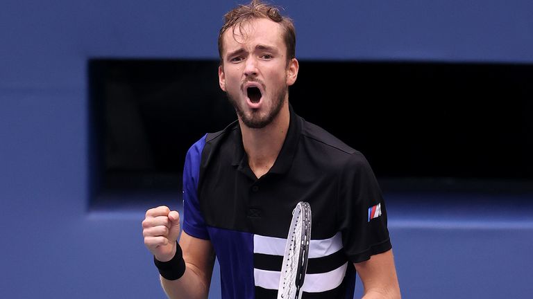 Daniil Medvedev of Russia reacts during his Men's Singles quarterfinal match against Andrey Rublev of Russia on Day Ten of the 2020 US Open at the USTA Billie Jean King National Tennis Center on September 9, 2020 in the Queens borough of New York City.