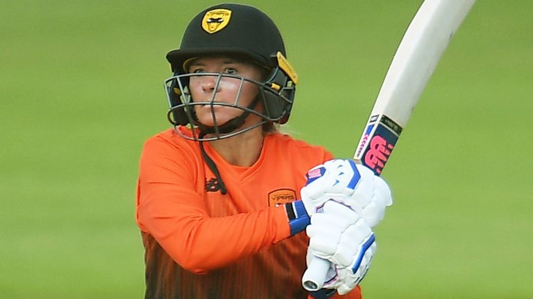 BRISTOL, ENGLAND - AUGUST 31: Danni Wyatt of Southern Vipers plays a shot during the Rachael Heyhoe-Flint Trophy match between Western Storm and Southern Vipers at The County Ground on August 31, 2020 in Bristol, England