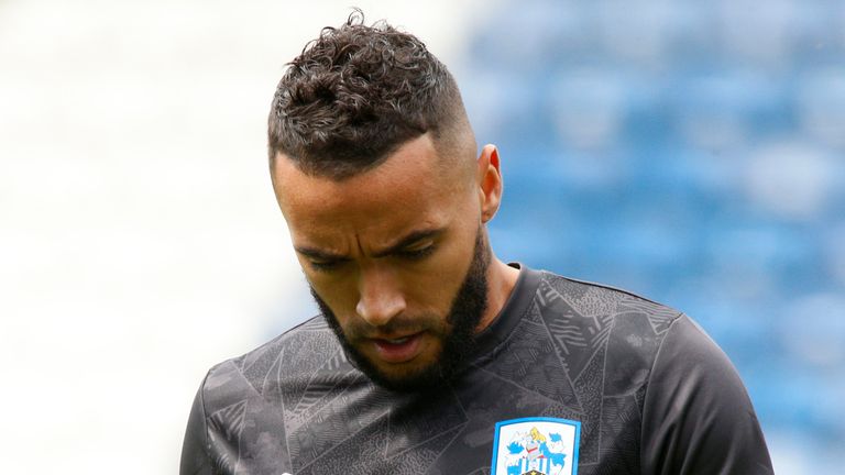 Danny Simpson of Huddersfield Town in BLM t-shirt during the Sky Bet Championship match between Huddersfield Town and Wigan Athletic at John Smith&#39;s Stadium on June 20, 2020 in Huddersfield, England. 