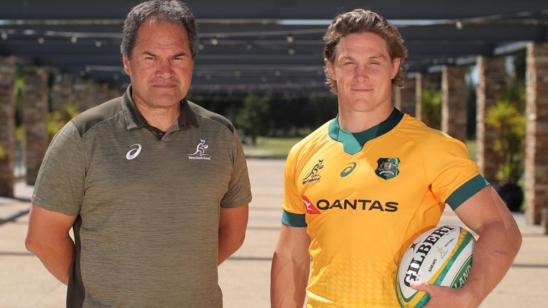 Michael Hooper (R) poses with Wallabies coach Dave Rennie (L) after being announced as the Wallabies captain during a Wallabies media opportunity at Crowne Plaza on September 23, 2020 in Hunter Valley, Australia.