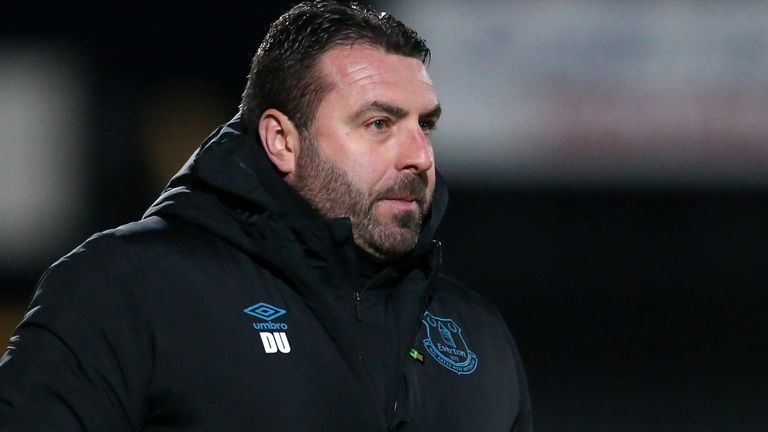 David Unsworth of Everton looks on prior to the Premier League International Cup match between Everton and PSV on October 30, 2019 in Southport, England.