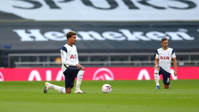 Dele Alli takes a knee at the Tottenham Hotspur Stadium 