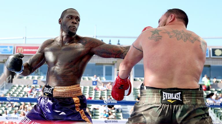 Deontay Wilder Jason Gavern in their heavywieght fight at StubHub Center on August 16, 2014 in Los Angeles, California.