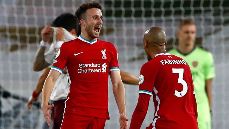 Diogo Jota celebrates after scoring Liverpool's third goal of the game