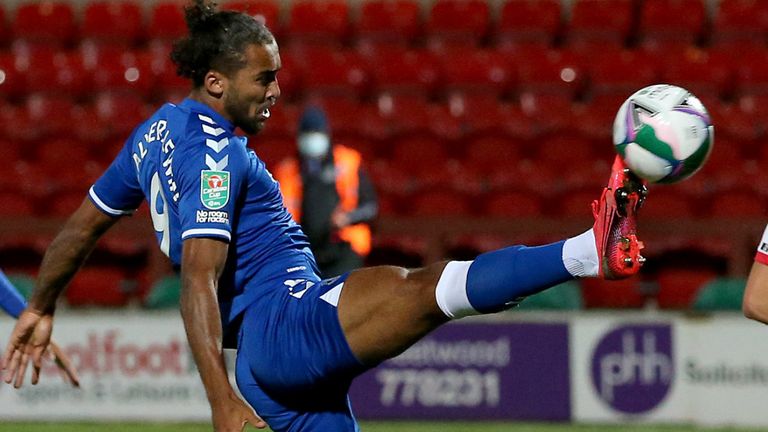 Dominic Calvert-Lewin stretches to reach the ball against Fleetwood