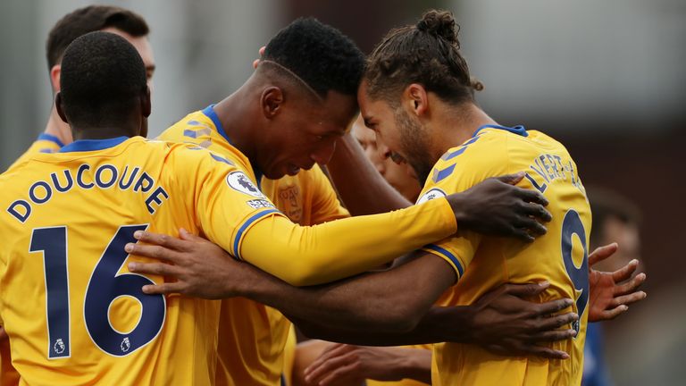 Dominic Calvert-Lewin celebrates his goal with team-mate Yerry Mina 