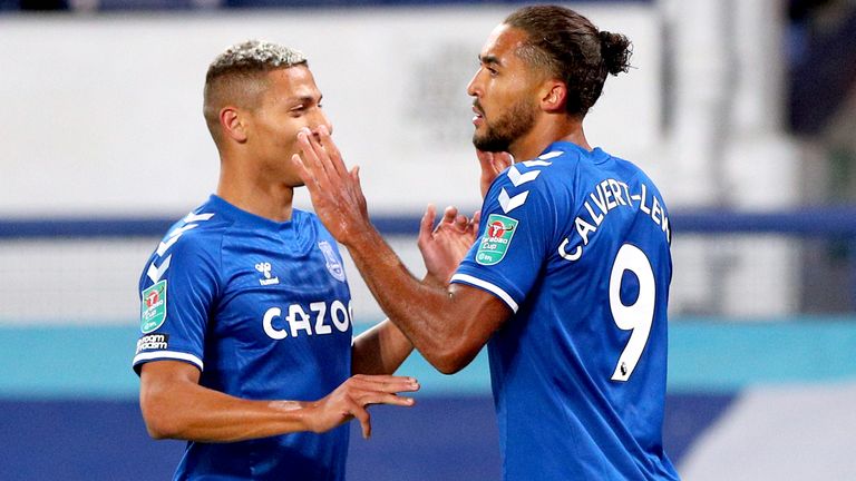 Everton's Dominic Calvert-Lewin (right) celebrates scoring his side's first goal against West Ham with team mate Richarlison