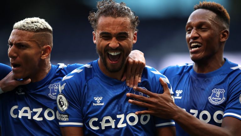 Everton's Dominic Calvert-Lewin (centre) celebrates scoring his side's first goal of the game during the Premier League match at the Tottenham Hotspur Stadium, London.