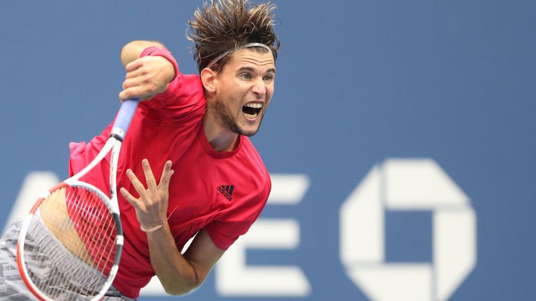 Dominic Thiem of Austria serves the ball in the second set during his Men's Singles final match against and Alexander Zverev of Germany on Day Fourteen of the 2020 US Open at the USTA Billie Jean King National Tennis Center on September 13, 2020 in the Queens borough of New York City.