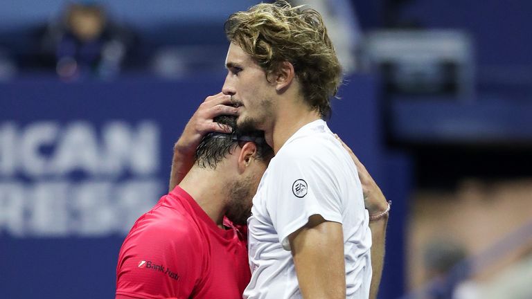 Dominic Thiem of Austria embraces Alexander Zverev of Germany after winning their Men's Singles final match on Day Fourteen of the 2020 US Open at the USTA Billie Jean King National Tennis Center on September 13, 2020 in the Queens borough of New York City.