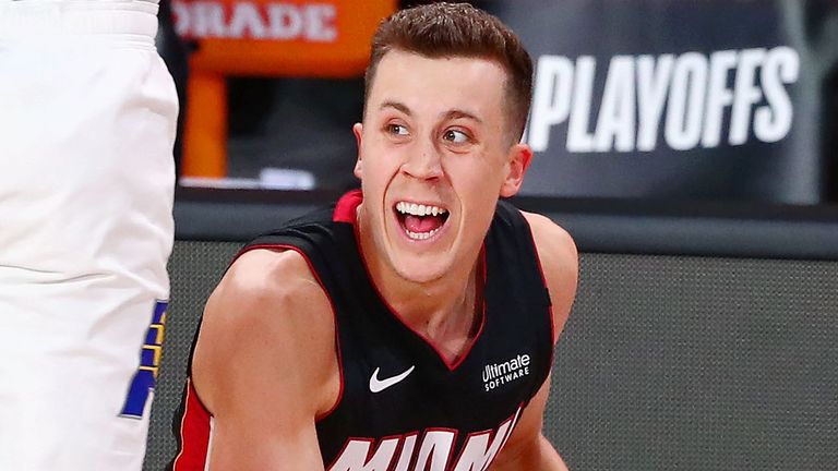 Duncan Robinson evades a Pacers' defender during Miami's first-round playoff series win