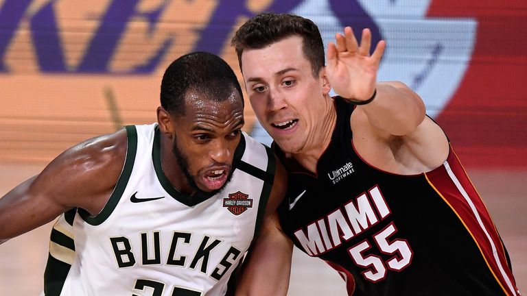 Duncan Robinson guards Khris Middleton during the Eastern Conference semi-finals