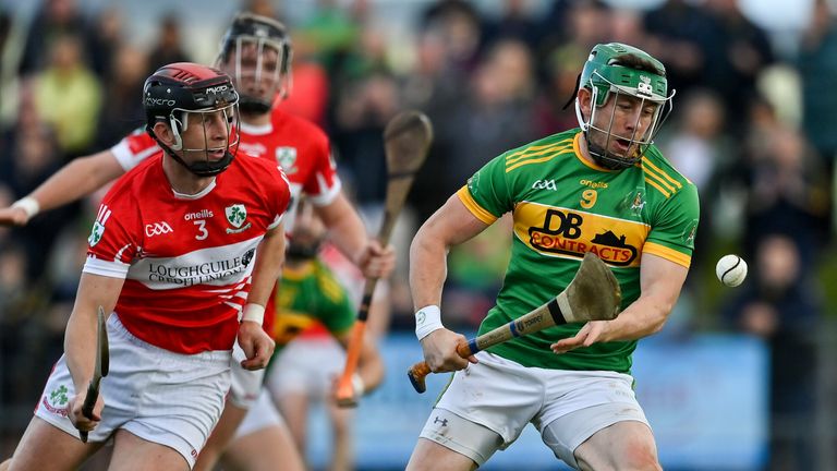 Kevin Molloy of Dunloy in action against Neil McGarry of Loughgiel Shamrocks during the Antrim SHC final