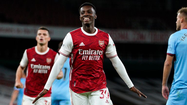 Eddie Nketiah celebrates after restoring Arsenal's lead