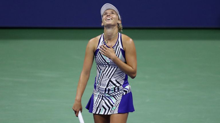 Elise Mertens of Belgium celebrates match point during her Women’s Singles fourth round match against Sofia Kenin of the United States on Day Eight of the 2020 US Open at the USTA Billie Jean King National Tennis Center on September 7, 2020 in the Queens borough of New York City