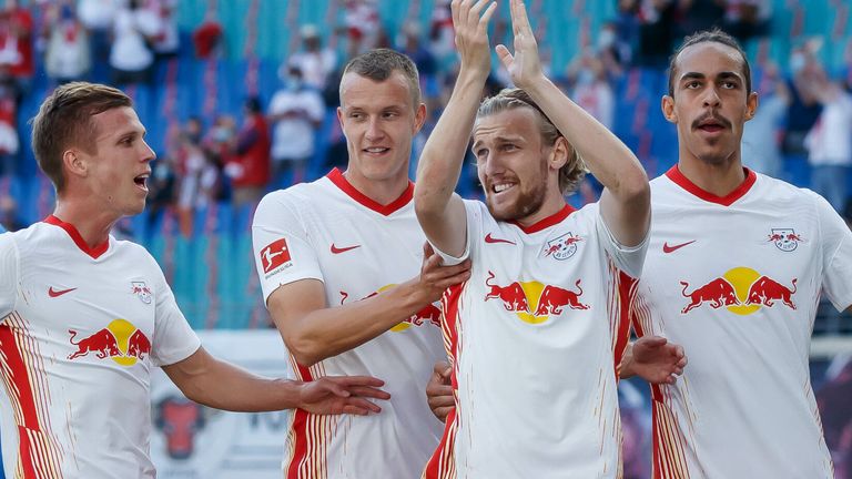 Emil Forsberg celebrates after scoring  RB Leipzig's first goal with team-mates 