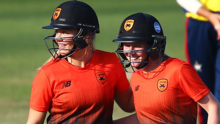 Emily Windsor and Carla Rudd of Southern Vipers celebrate victory during the Rachael Heyhoe-Flint Trophy match between South East Stars and Southern Vipers at The Oval on September 19, 2020 in London, England