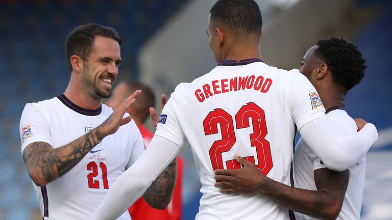 Danny Ings celebrates with Mason Greenwood and Raheem Sterling against Iceland