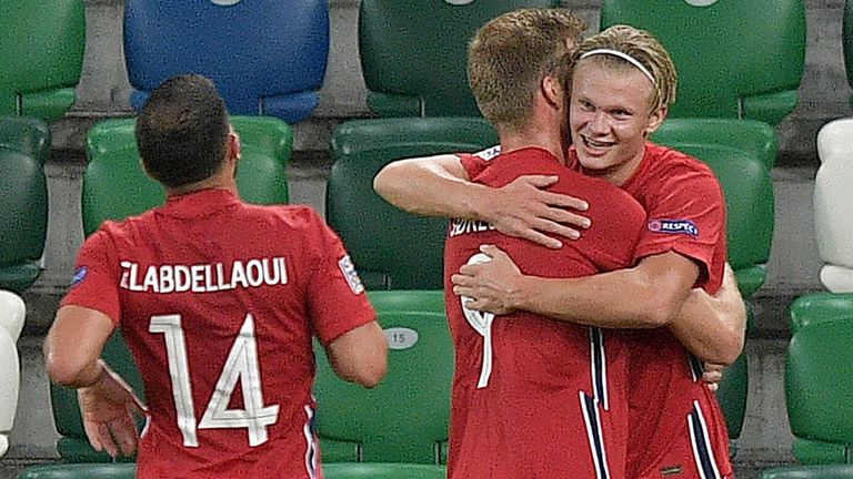 Erling Haaland of Norway celebrates after scoring vs Northern Ireland 