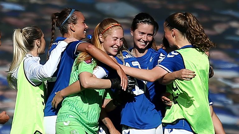 Players of Everton celebrate at full time after victory in the Women's FA Cup Quarter Final match between Everton FC and Chelsea FC at Goodison Park on September 27, 2020