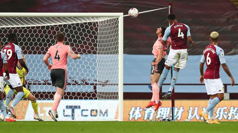 Ezri Konsa heads Villa into a 1-0 lead against Sheffield United