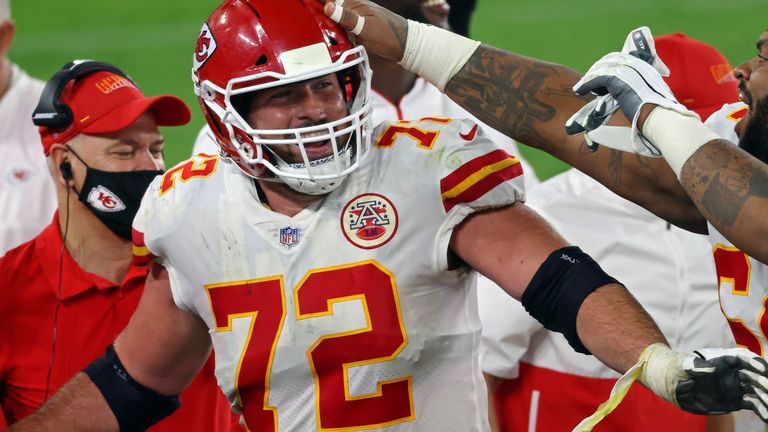 Eric Fisher #72 of the Kansas City Chiefs celebrates after a touchdown against the Baltimore Ravens during the fourth quarter at M&T Bank Stadium 