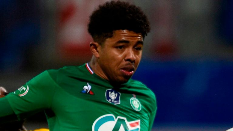 Saint-Etienne's French defender Wesley Fofana (front) vies with Epinal's French forward Mickael Biron during the French Cup quarter-final football match between SAS Epinal and AS Saint-Etienne at Marcel Picot stadium in Tomblaine, northeastern France on February 13, 2020. (Photo by JEAN-CHRISTOPHE VERHAEGEN / AFP) (Photo by JEAN-CHRISTOPHE VERHAEGEN/AFP via Getty Images)