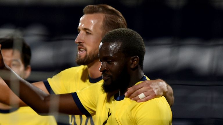 Tanguy Ndombele of Tottenham Hotspur celebrates with teammates after scoring his sides second goal during the UEFA Europa League second qualifying round match between Lokomotiv Plovdiv and Tottenham Hotspur at Stadion Lokomotiv Plovdiv on September 17, 2020 in Plovdiv, Bulgaria. 