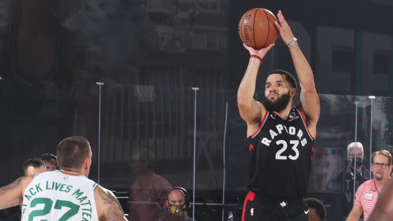 Fred VanVleet of the Toronto Raptors shoots the ball against the Boston Celtics during Game Four of the Eastern Conference Semi-finals