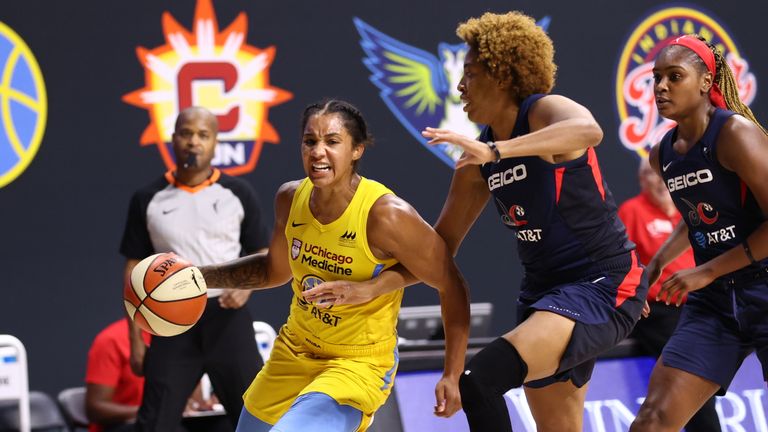 Gabby Williams of the Chicago Sky handles the ball during the game against the Washington Mystics