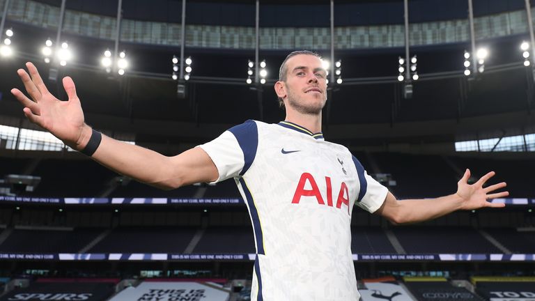 Gareth Bale poses for a photo at Tottenham Hotspur Stadium after completing a season-long loan from Real Madrid
