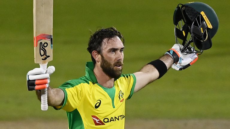 Glenn Maxwell of Australia celebrates reaching his century during the 3rd Royal London One Day International Series match between England and Australia at Emirates Old Trafford on September 16, 2020 in Manchester, England.
