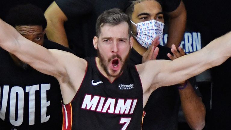 Goran Dragic celebrates at the end of the Miami's Game 6 win over the Boston Celtics in the Eastern Conference Finals