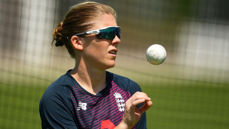 England Women&#39;s Cricket Captain Heather Knight looks on as she takes part in an individual training session at the County Ground on June 24, 2020 in Bristol, England