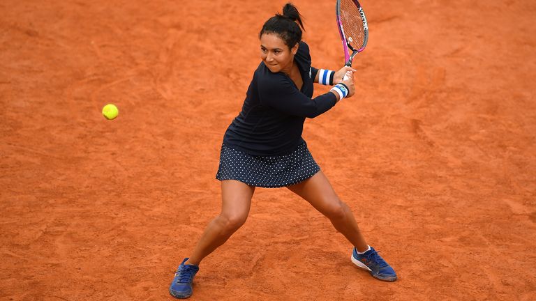 Heather Watson of Great Britain plays a backhand during her Women's Singles first round match against Fiona Ferro of France on day three of the 2020 French Open at Roland Garros on September 29, 2020 in Paris, France