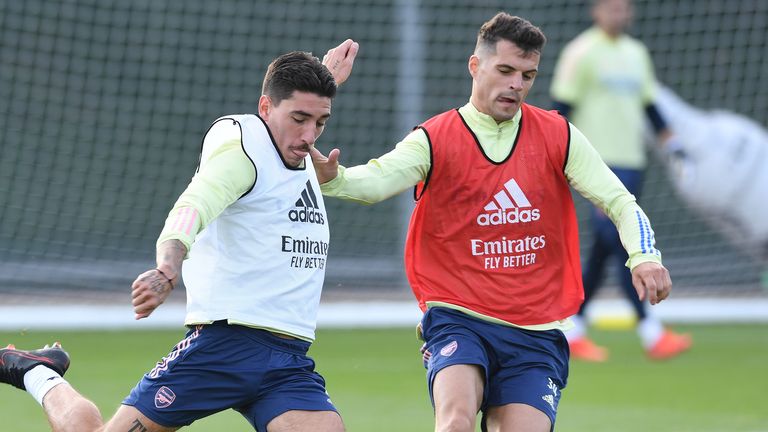 Hector Bellerin and Granit Xhaka in an Arsenal training session in September 2020