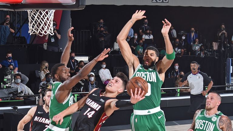 Tyler Herro of the Miami Heat drives to the basket against the Boston Celtics during Game Four of the Eastern Conference Finals