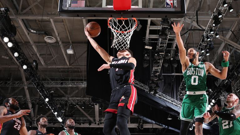 Tyler Herro of the Miami Heat drives to the basket during the game against the Boston Celtics during Game Four of the Eastern Conference Finals