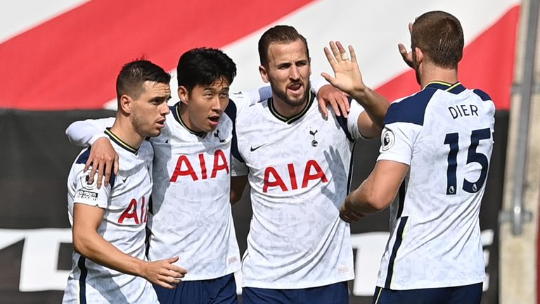 Heung-Min Son celebrates with Harry Kane, Giovani Lo Celso and Eric Dier after Spurs take a 2-1 lead