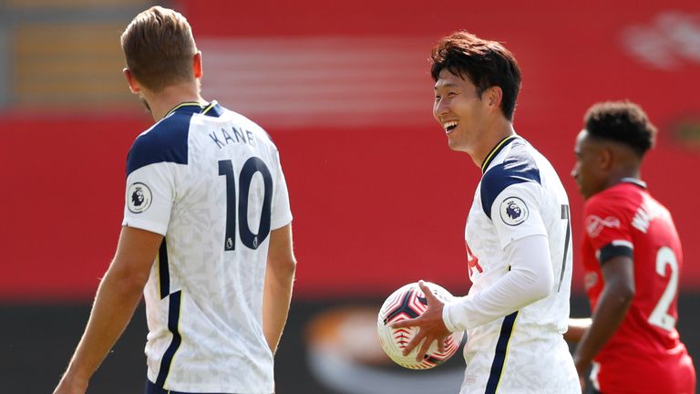 Heung-Min Son is seen post match with the match ball having scored 4 goals in Spurs' win over Southampton