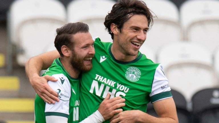 Joe Newell (R) celebrates his goal with Martin Boyle after Hibernian make it 2-0 against St Mirren