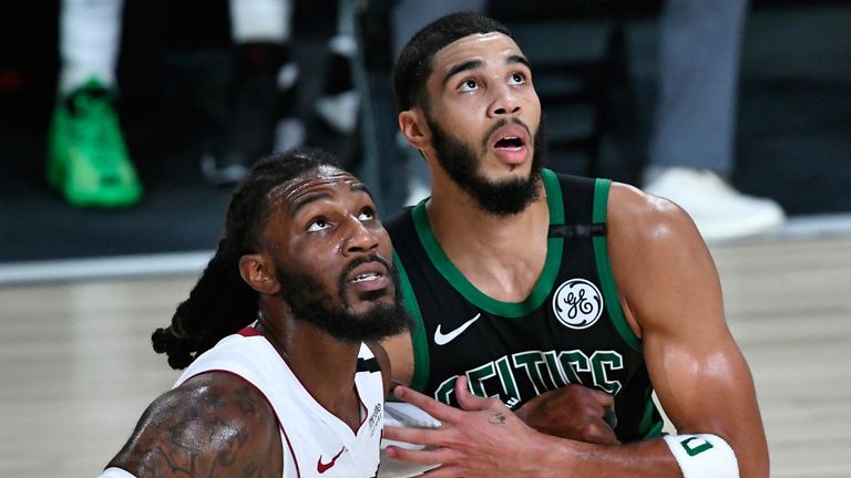 Jae Crowder and Jayson Tatum compete for a rebound in Game 5 of the Eastern Conference Finals