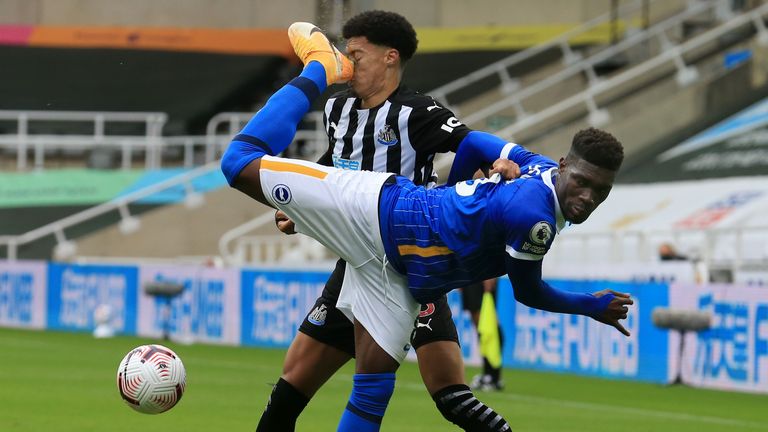 Jamal Lewis is kicked in the face by Yves Bissouma resulting in red card for the Brighton midfielder following a VAR check