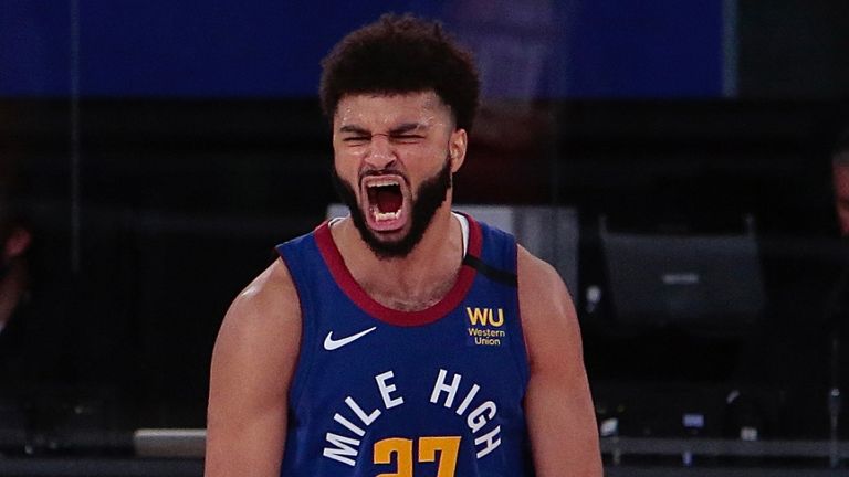Denver Nuggets guard Jamal Murray celebrates a basket late in his team's Game 6 win over the Utah Jazz