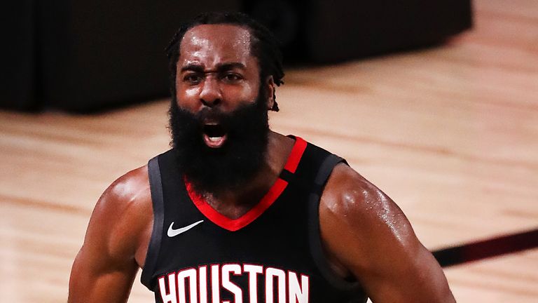 James Harden celebrates after making a game-winning block in the Houston Rockets&#39; series-clinching Game 7 win over the Oklahoma City Thunder